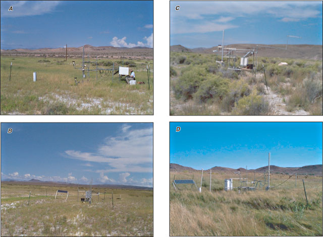 Photographs showing typical evapotranspiration (ET) stations instrumented to calculate ET rates in Oasis Valley discharge area, Nevada. (A) MOVAL site; moderately dense saltgrass with moist soil; (B) UOVMD site; sparse saltgrass with dry soil. (C) UOVLO site; moderately dense shrubs with dry soil; and (D) SDALE site; dense marsh and meadow grasses with wet soil.