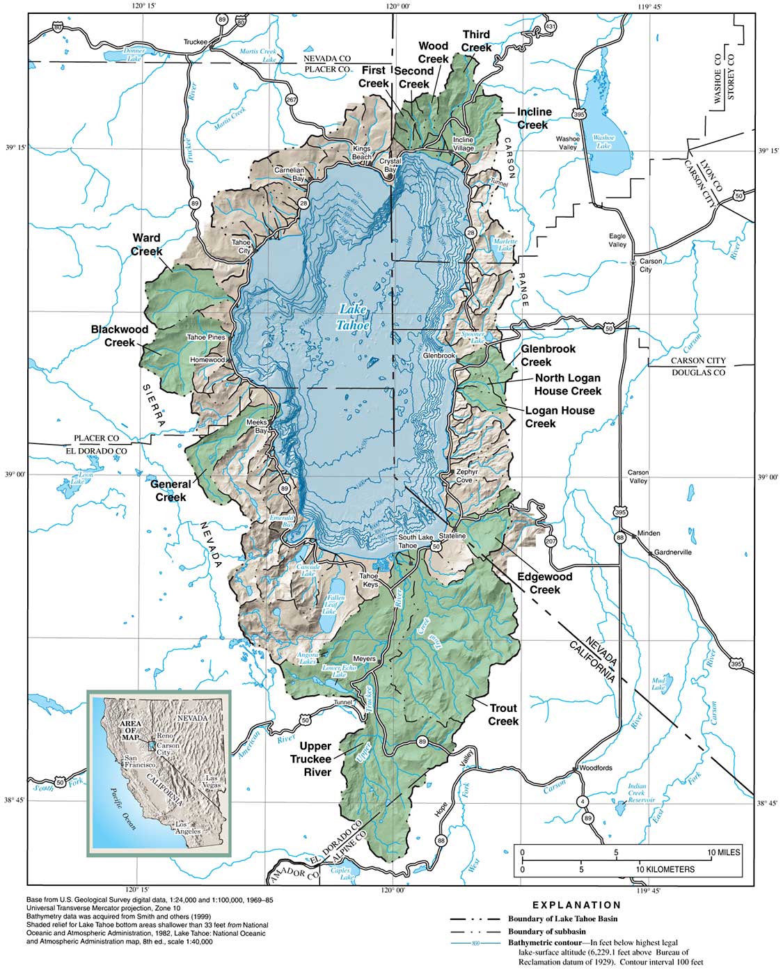 Map showing Lake Tahoe Basin and selected monitored watersheds.