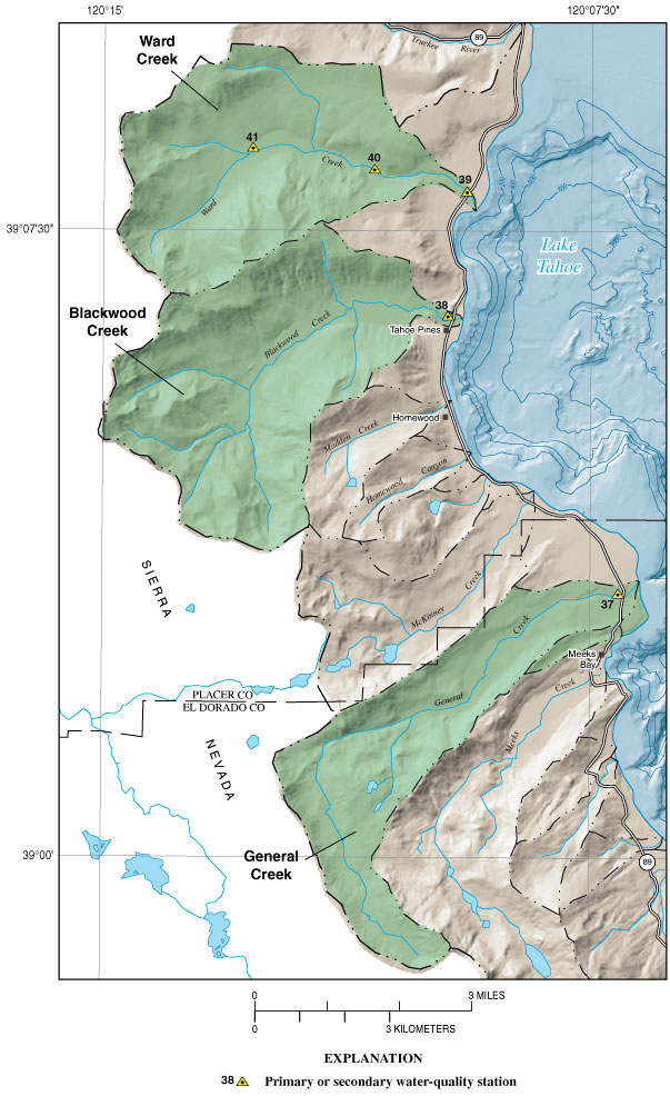 Map showing Tahoe City to Meeks Bay area, Calif., and LTIMP sampling stations.