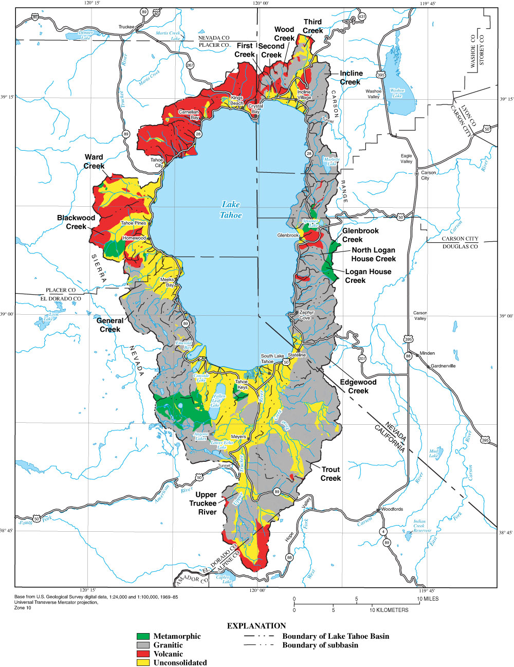 Map showing geology of selected monitored watersheds in Lake Tahoe Basin.