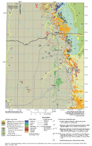Figure 4. Generalized geology, clinker in the study area, lines of geologic cross sections, and ground-water sampling locations in the eastern Powder River Basin, Wyoming, 1999.