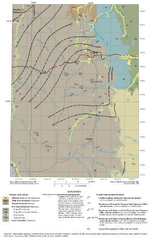 Figure 8. Generalized geology, potentiometric contours for Wyodak-Anderson coalbed aquifer, and ground-water sampling locations in the study area, eastern Powder River Basin, Wyoming, 1999.