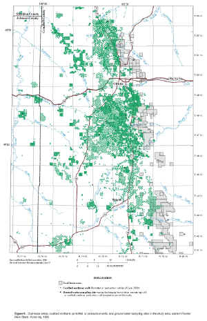 Figure 9. Coal-lease areas, coalbed methane permitted or production wells, and ground-water sampling sites in the study area, eastern Powder River Basin, Wyoming, 1999.