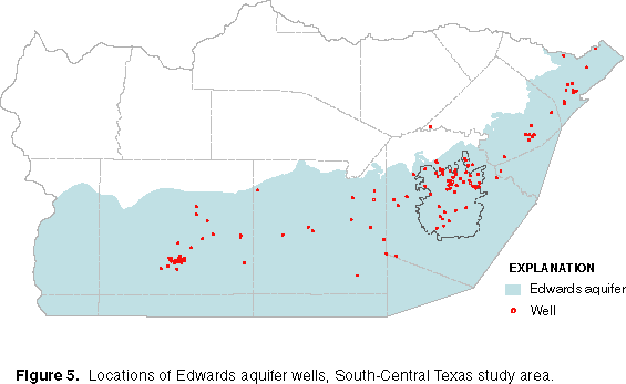 Figure 5. Locations of Edwards aquifer wells, South-Central Texas study area