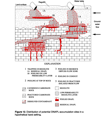 Figure 12. Distribution of potential DNAPL-accumulation sites in a hypothetical karst setting.