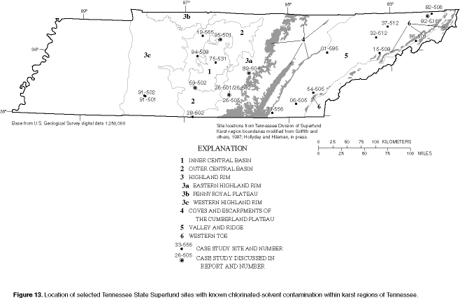 Figure 13. Location of selected Tennessee State Superfund sites with known chlorinated-solvent contamination within karst regions of Tennessee.