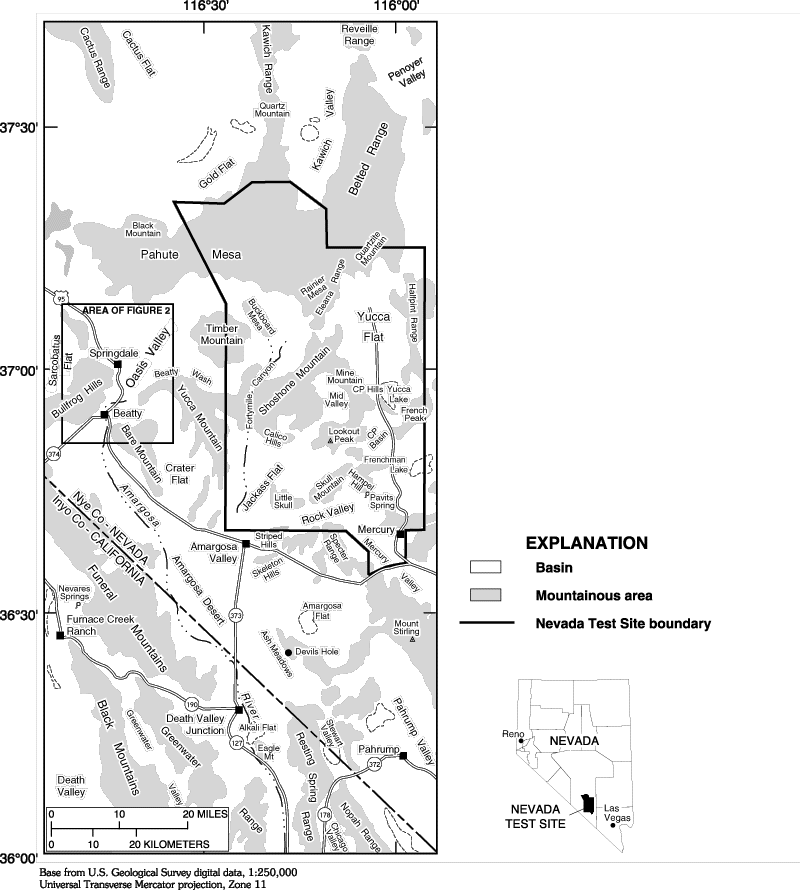 Map of regional features near Oasis Valley, Nevada
