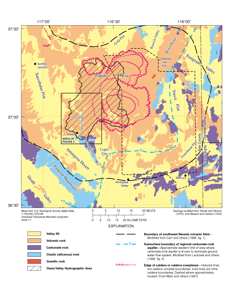 Map showing regional geology for Oasis Valley, Nevada