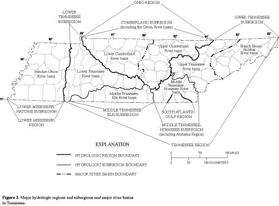 Figure 3. Map showing major hydrologic regions and subregions and major river basins in Tennessee.