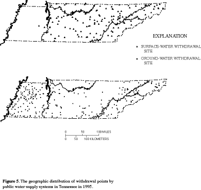 Figure 5. Map showing the geographic distribution of withdrawal points by public water-supply systems in Tennessee in 1995.
