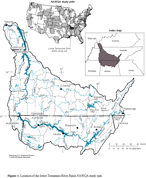 Figure 1. Location of the lower Tennessee River Basin NAWQA study unit.