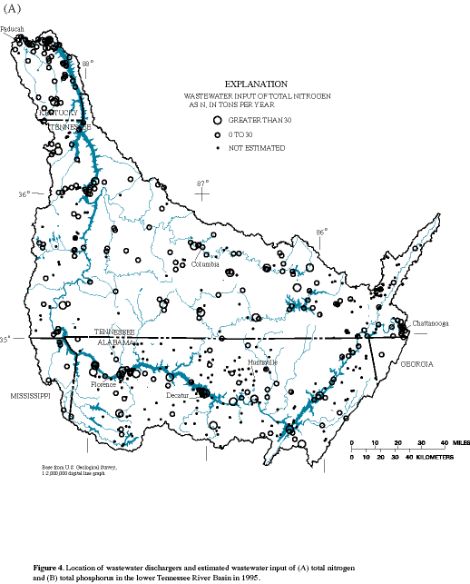 Figure 4. Location of wastewater dischargers and estimated wastewater input of (A) total nitrogen and (B) total phosphorus in the lower Tennessee River Basin in 1995.