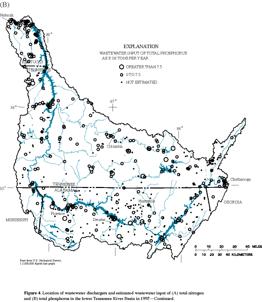 Figure 4. Location of wastewater dischargers and estimated wastewater input of (A) total nitrogen and (B) total phosphorus in the lower Tennessee River Basin in 1995--Continued.