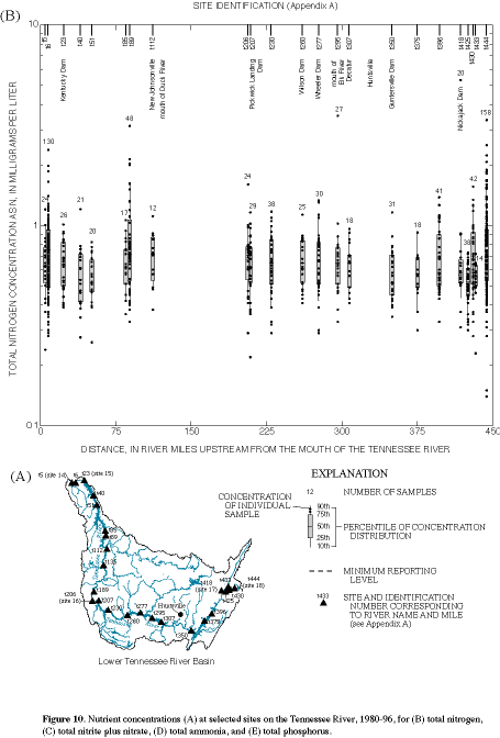 Figure 10. Nutrient concentrations (A) at selected sites on the Tennessee River, 1980-96, for (B) total nitrogen, (C) total nitrite plus nitrate, (D) total ammonia, and (E) total phosphorus.