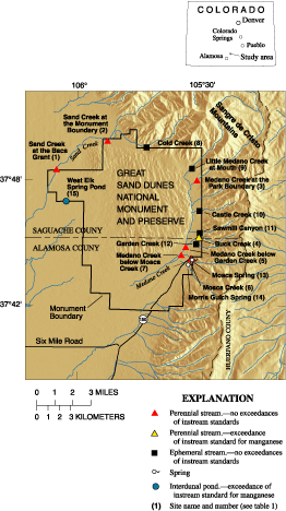 Figure 1. Location of study area, sampling sites, and indication of sites that meet or exceed instream standards.