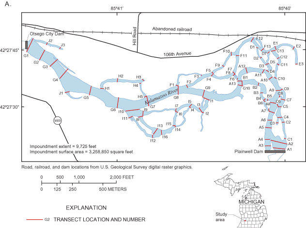 Figure 2a showing map of transects in Ostego City impoundment.
