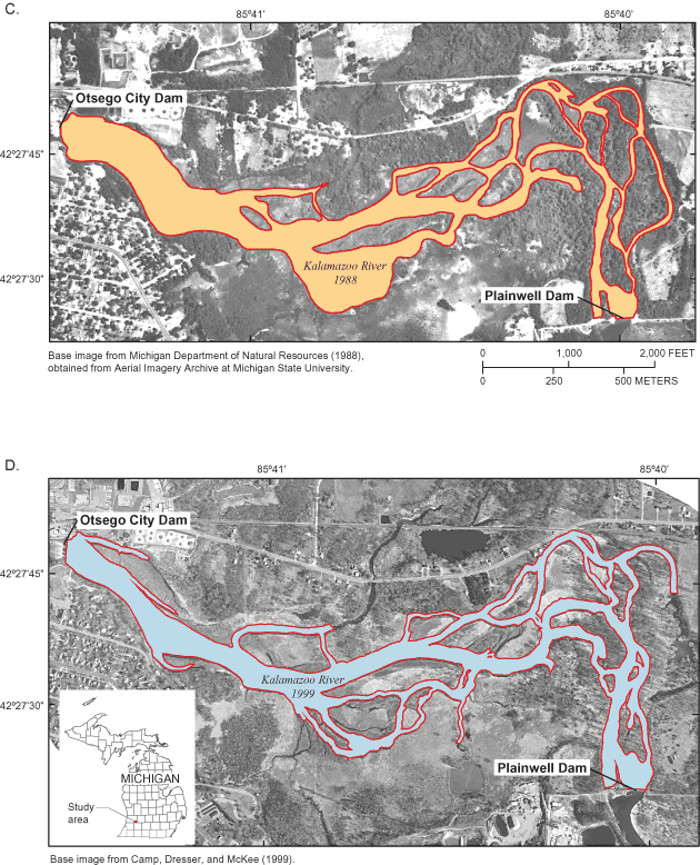 Figure of maps showing area inundated by river in c) 1988 and d) 1999.